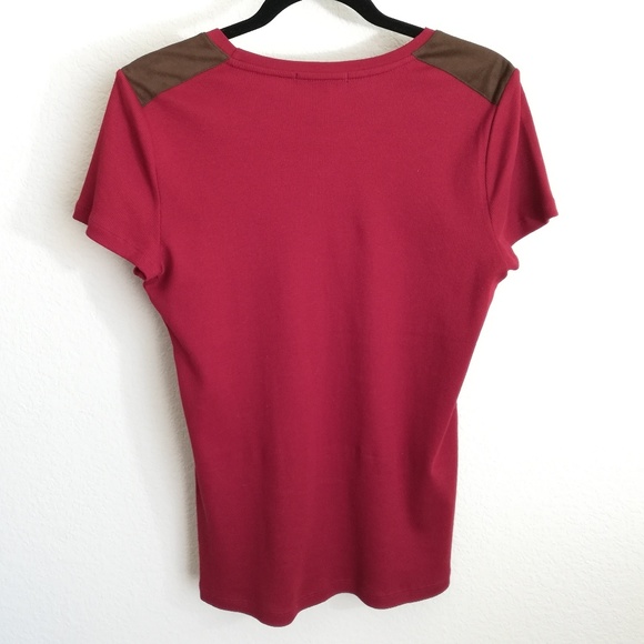 Ralph Lauren Red Tee with Faux Suede Laced Detail Western Country Cottage - Picture 2 of 4